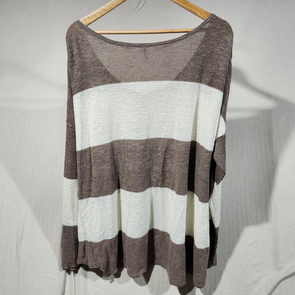 Free People Beach Womens Large Brown Striped Linen Blend Henley Sweater Oversize - Picture 3 of 8